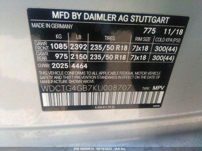 2019 MERCEDES-BENZ GLA GLA 250 - WDCTG4GB7KU008707
