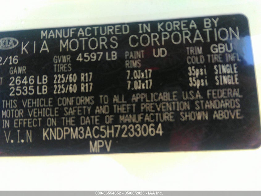 VIN KNDPM3AC5H7233064 2017 KIA SPORTAGE LX