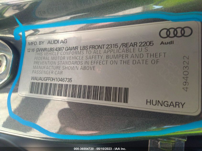 2017 AUDI A3 SEDAN PREMIUM - WAUAUGFF0H1046735