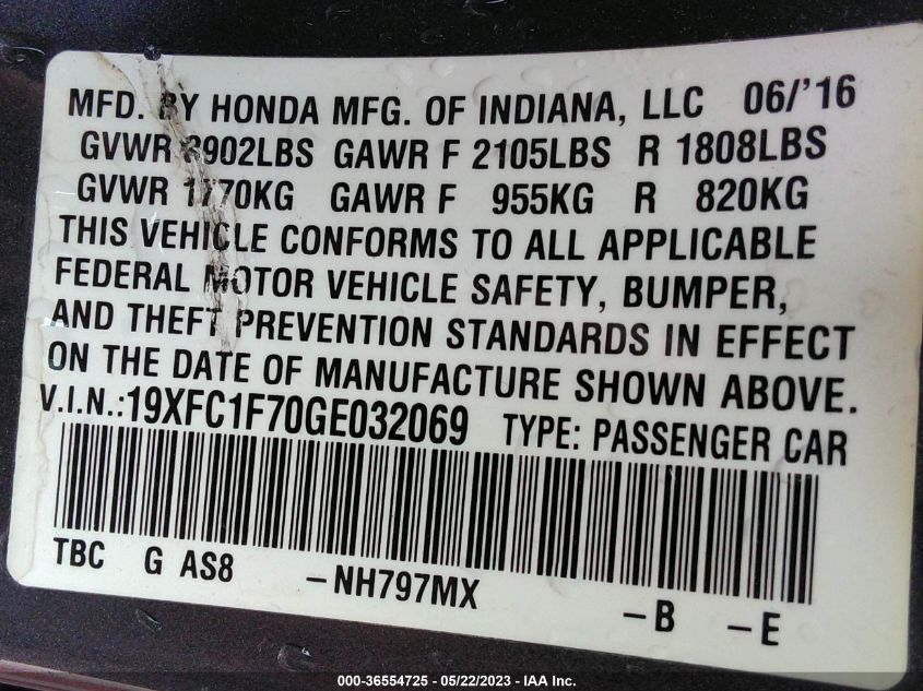 2016 HONDA CIVIC SEDAN EX-L - 19XFC1F70GE032069