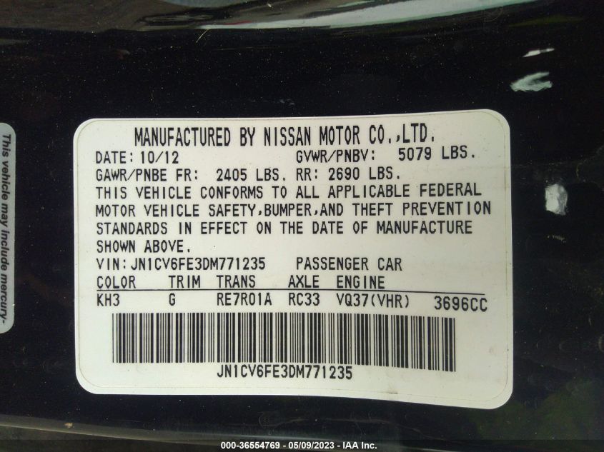 2013 INFINITI G37 CONVERTIBLE BASE - JN1CV6FE3DM771235