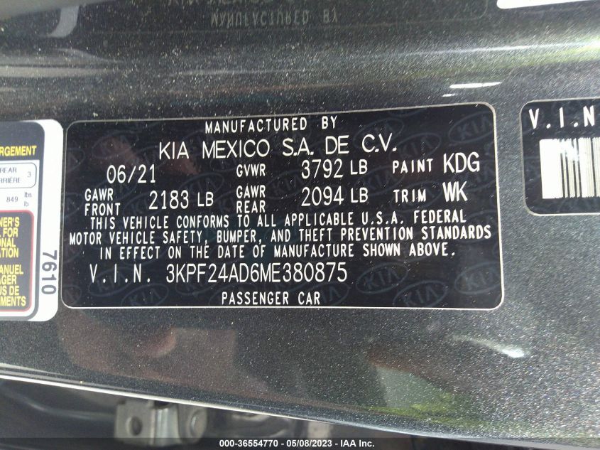 2021 KIA FORTE LXS - 3KPF24AD6ME380875
