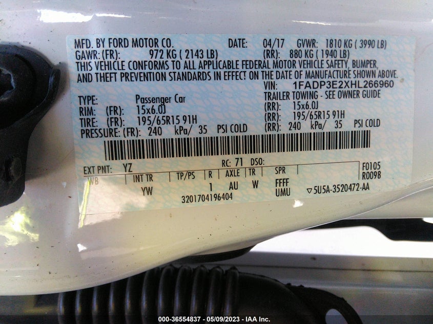 VIN 1FADP3E2XHL266960 2017 FORD FOCUS S