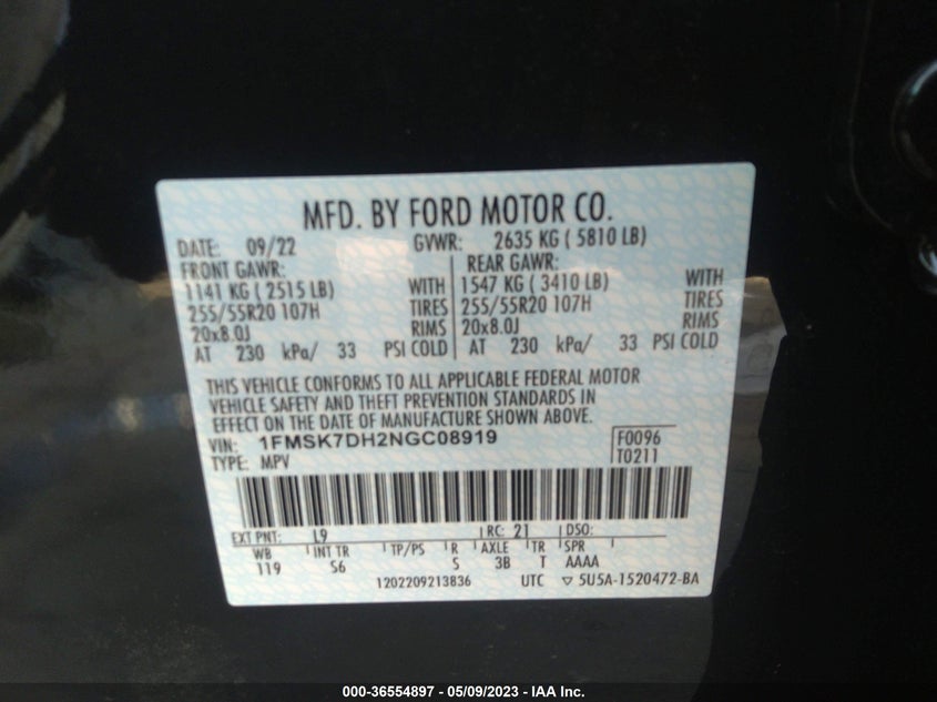 VIN 1FMSK7DH2NGC08919 2022 FORD EXPLORER XLT