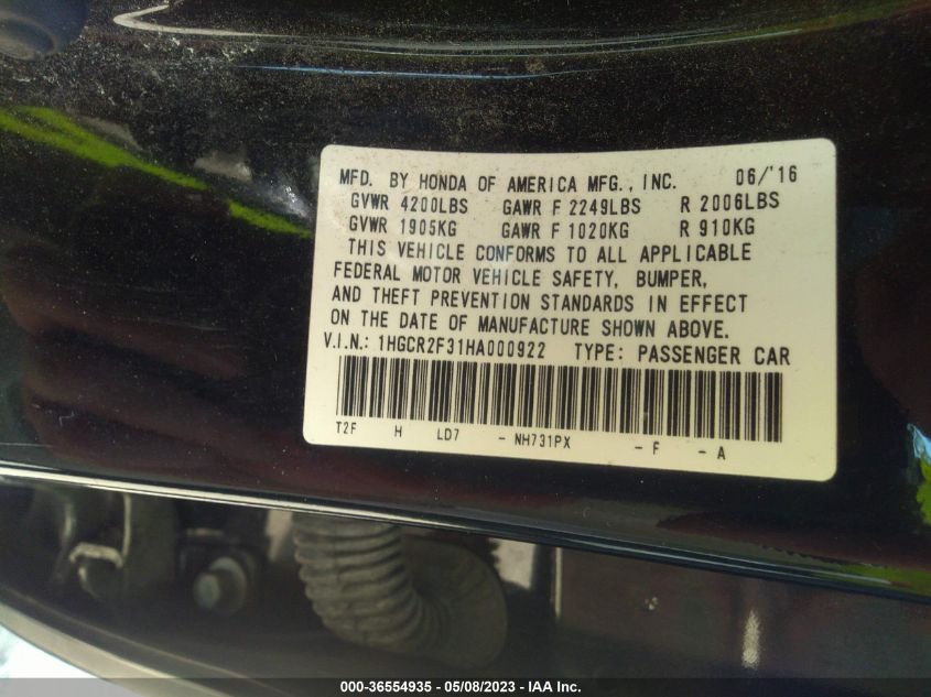2017 HONDA ACCORD SEDAN LX - 1HGCR2F31HA000922