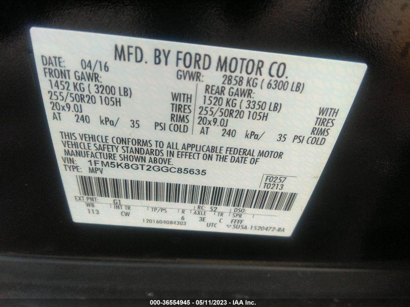 2016 FORD EXPLORER SPORT - 1FM5K8GT2GGC85635