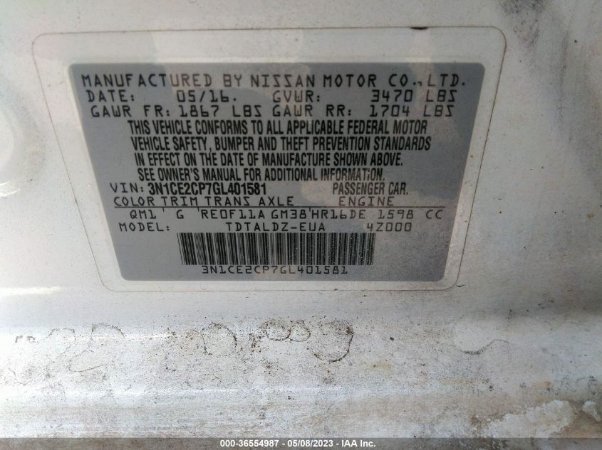 2016 NISSAN VERSA NOTE S/S PLUS/SV/SR/SL - 3N1CE2CP7GL401581