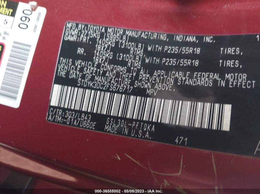 2015 TOYOTA SIENNA XLE/XLE AAS/LTD - 5TDYK3DC2FS676717
