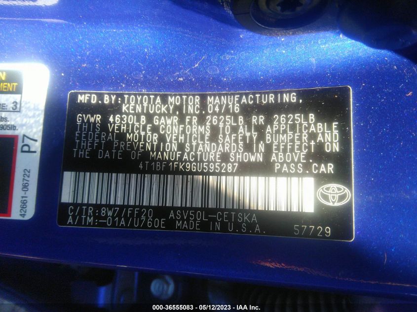2016 TOYOTA CAMRY SE - 4T1BF1FK9GU595287