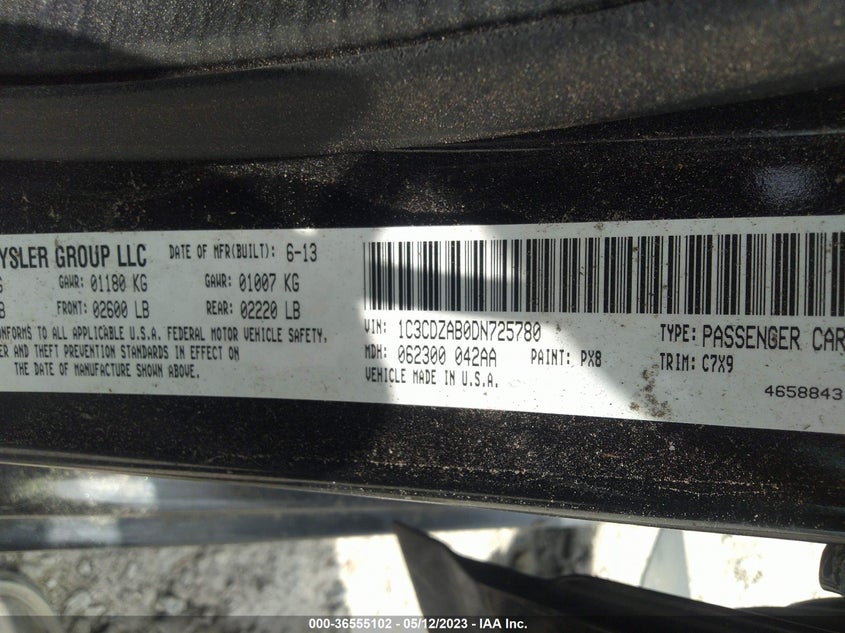 DODGE AVENGER 2013 VIN 1C3CDZAB0DN725780