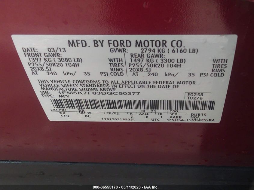 2013 FORD EXPLORER LIMITED - 1FM5K7F83DGC50377