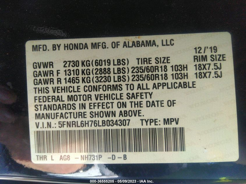2020 HONDA ODYSSEY EX-L - 5FNRL6H76LB034307