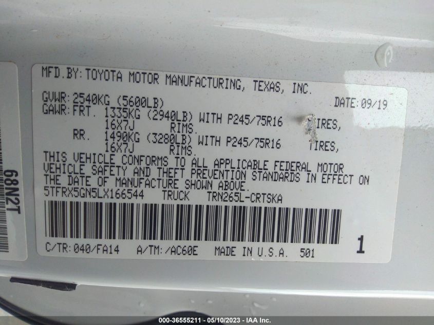 2020 TOYOTA TACOMA 2WD SR/SR5 - 5TFRX5GN5LX166544