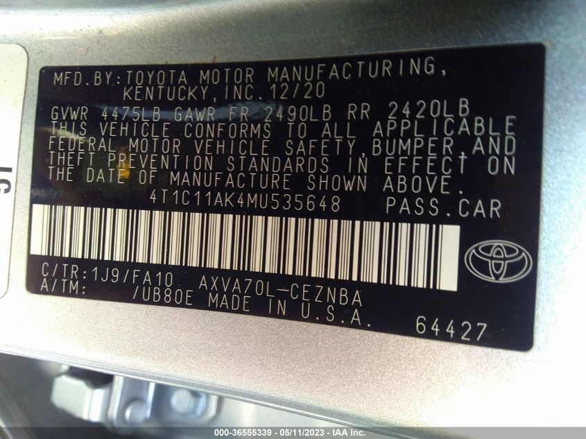 2021 TOYOTA CAMRY LE - 4T1C11AK4MU535648