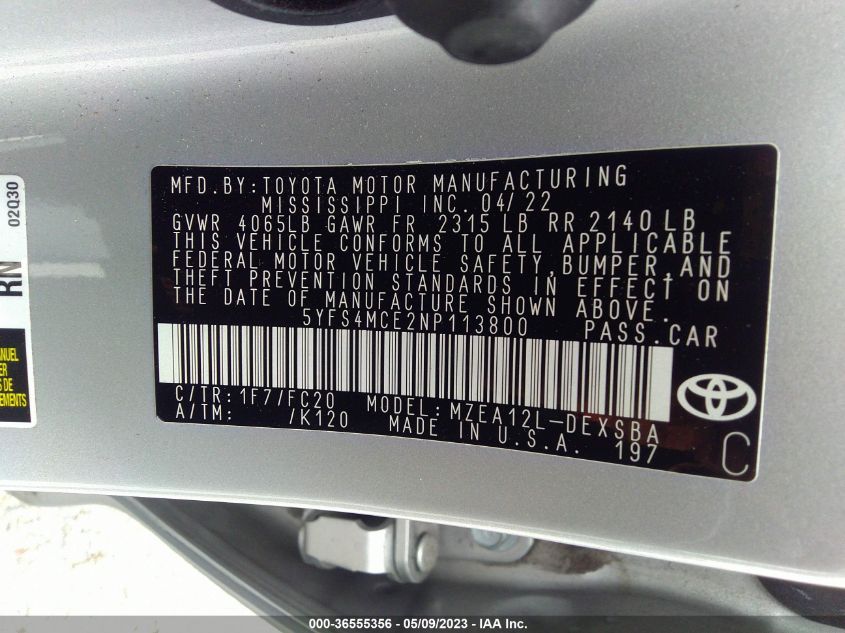 2022 TOYOTA COROLLA SE/SE NIGHTSHADE/APEX SE - 5YFS4MCE2NP113800