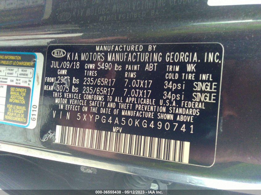 2019 KIA SORENTO LX V6 - 5XYPG4A50KG490741