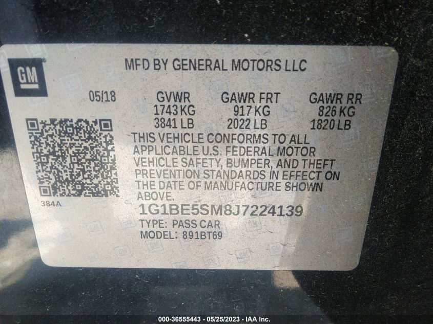 2018 CHEVROLET CRUZE LT - 1G1BE5SM8J7224139
