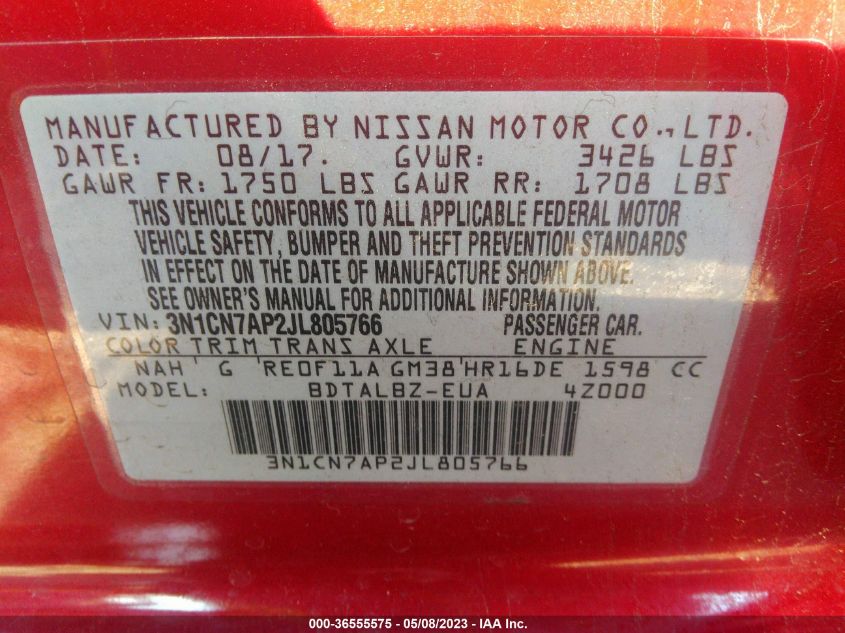 2018 NISSAN VERSA SEDAN SV - 3N1CN7AP2JL805766