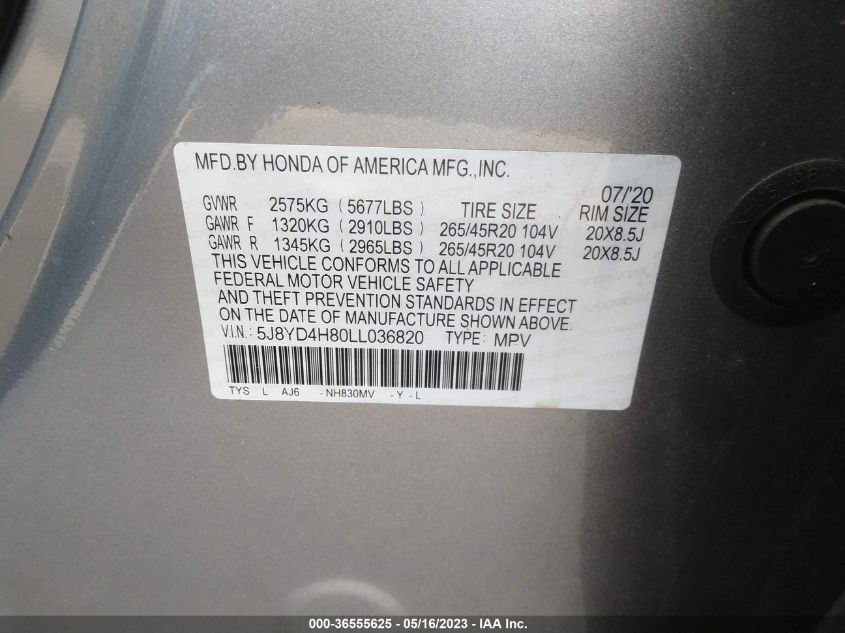 2020 ACURA MDX W/ADVANCE PKG - 5J8YD4H80LL036820