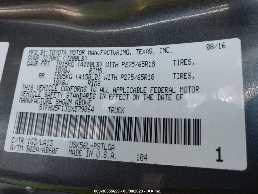 2016 TOYOTA TUNDRA 4WD TRUCK LTD - 5TFHW5F13GX579064