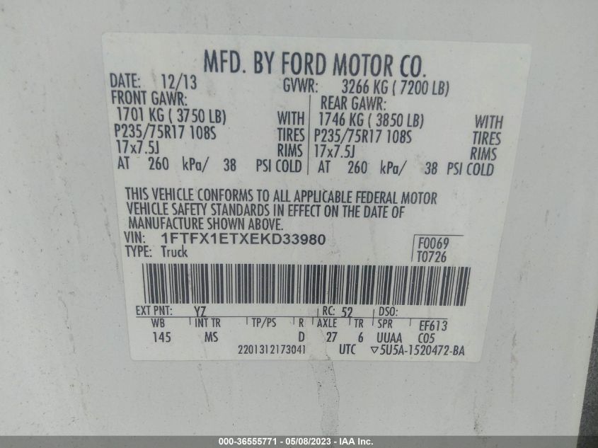 2014 FORD F-150 XL/XLT/LARIAT/FX4 - 1FTFX1ETXEKD33980