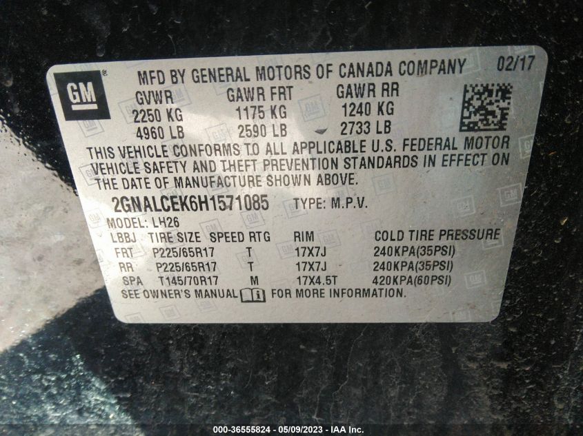 2017 CHEVROLET EQUINOX LT - 2GNALCEK6H1571085