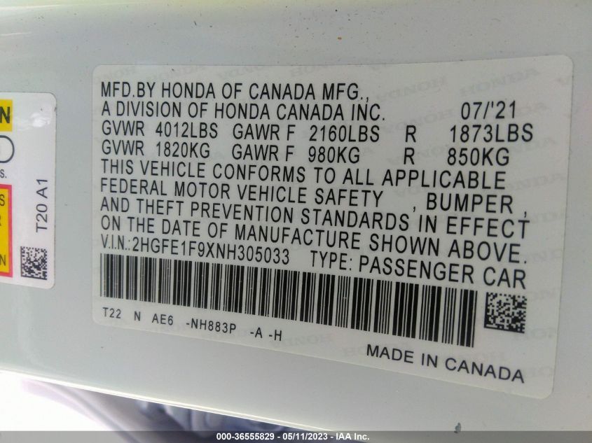 2022 HONDA CIVIC SEDAN TOURING - 2HGFE1F9XNH305033