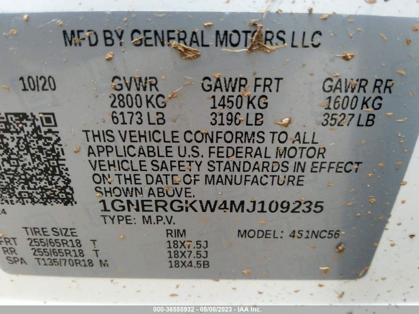 2021 CHEVROLET TRAVERSE LT CLOTH - 1GNERGKW4MJ109235
