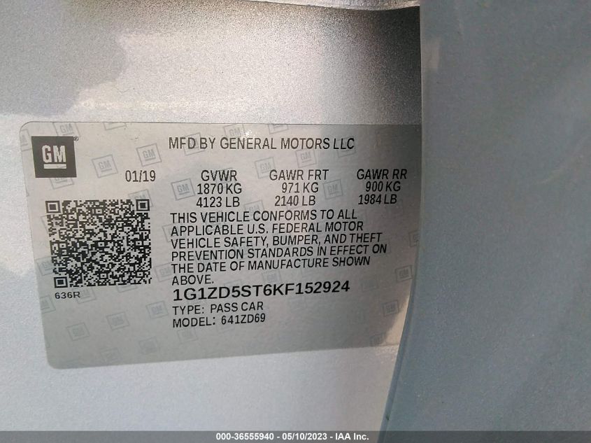 2019 CHEVROLET MALIBU LT - 1G1ZD5ST6KF152924