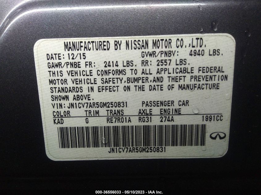 2016 INFINITI Q50 2.0T PREMIUM - JN1CV7AR5GM250831