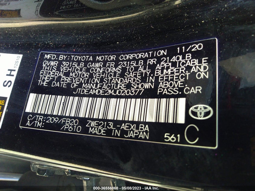 VIN JTDEAMDE2MJ020377 2021 TOYOTA COROLLA HYBRID LE