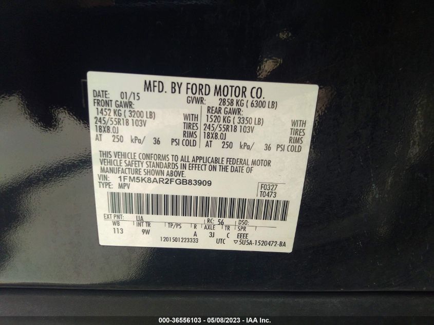 2015 FORD UTILITY POLICE 1FM5K8AR2FGB83909
