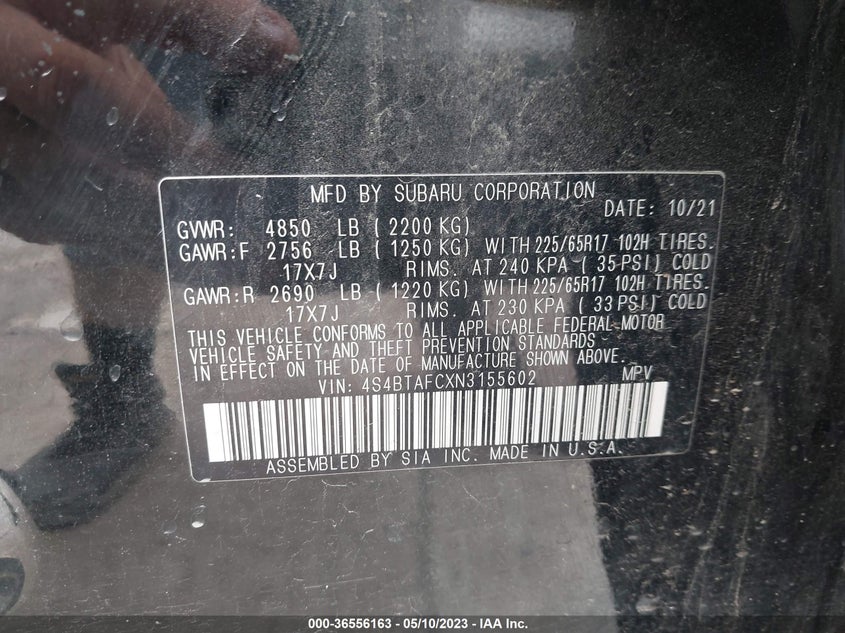 VIN 4S4BTAFCXN3155602 2022 SUBARU OUTBACK PREMIUM