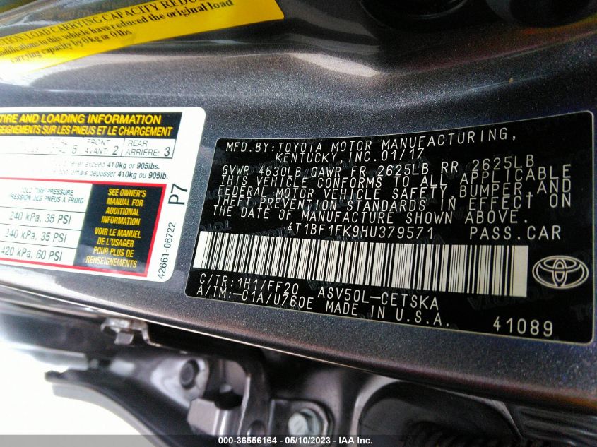 2017 TOYOTA CAMRY XLE/SE/LE/XSE - 4T1BF1FK9HU379571