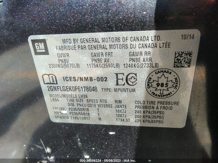 2015 CHEVROLET EQUINOX LT - 2GNFLGEK0F6178048