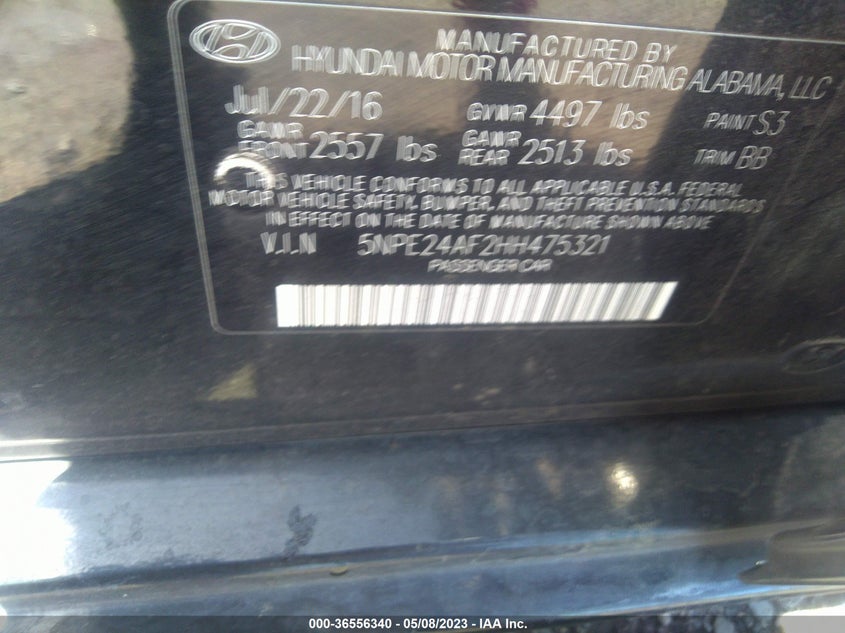 VIN 5NPE24AF2HH475321 2017 HYUNDAI SONATA SE