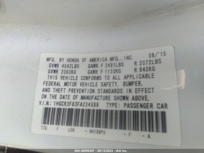 2015 HONDA ACCORD SEDAN EX-L - 1HGCR3F83FA034598