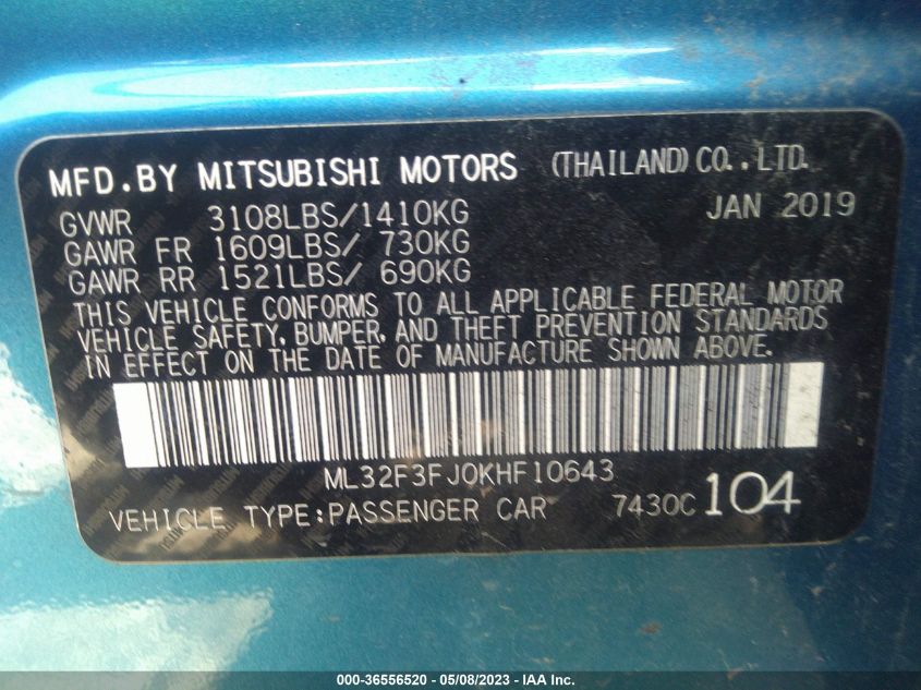 2019 MITSUBISHI MIRAGE G4 ES/RF - ML32F3FJ0KHF10643