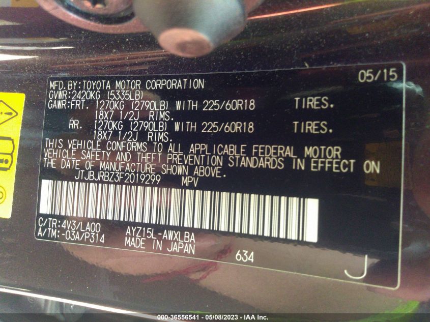 2015 LEXUS NX 300H JTJBJRBZ3F2019299