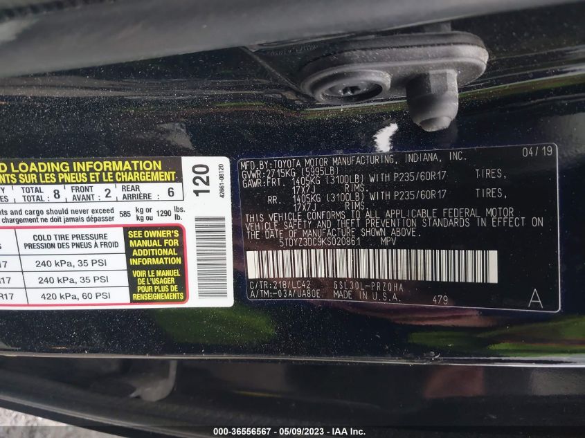 2019 TOYOTA SIENNA XLE - 5TDYZ3DC9KS020861