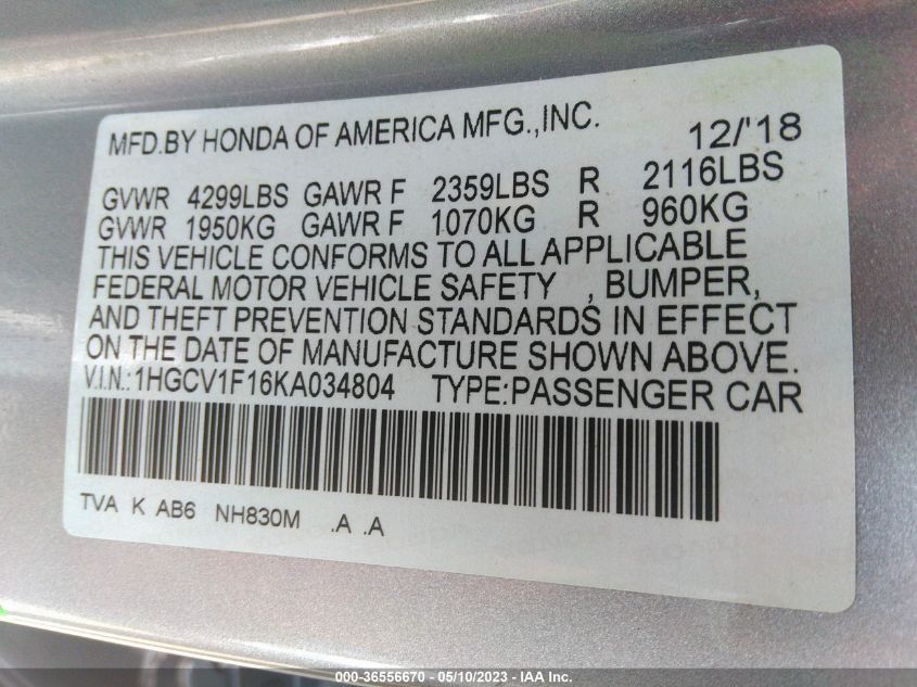 2019 HONDA ACCORD SEDAN LX 1.5T - 1HGCV1F16KA034804