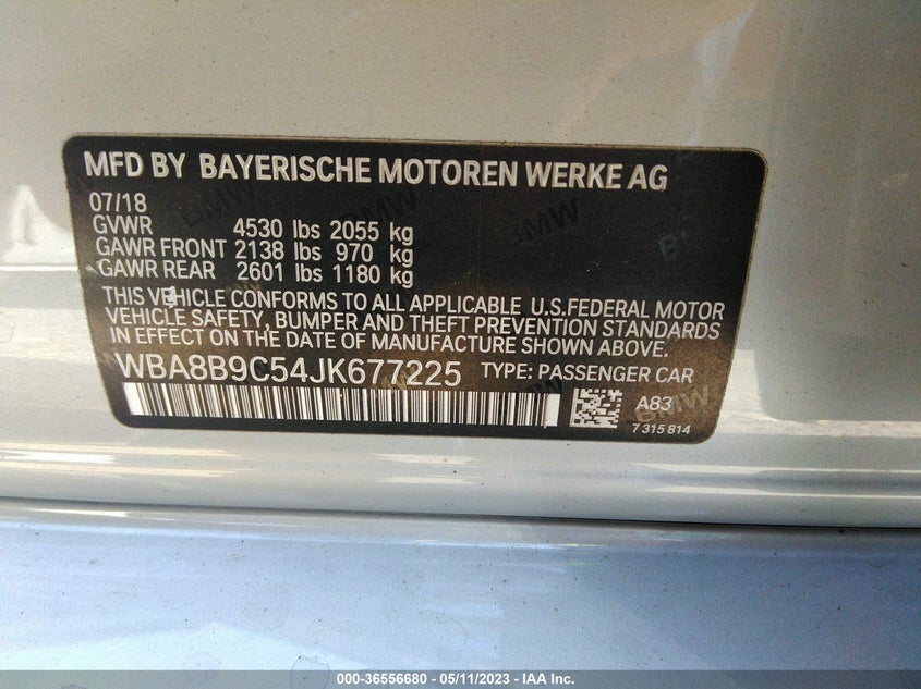 VIN WBA8B9C54JK677225 2018 BMW 3 SERIES 330I