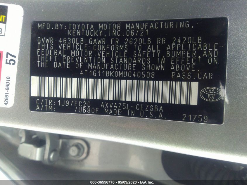 2021 TOYOTA CAMRY SE - 4T1G11BK0MU040508
