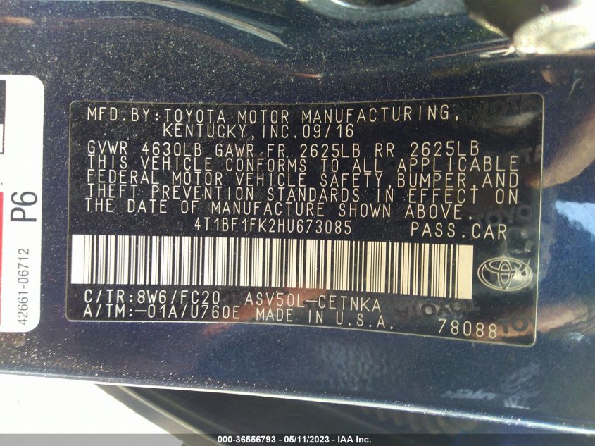 2017 TOYOTA CAMRY XLE/SE/LE/XSE - 4T1BF1FK2HU673085