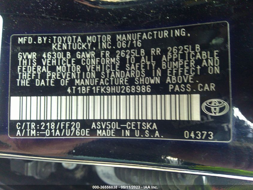 2017 TOYOTA CAMRY SE - 4T1BF1FK9HU268986