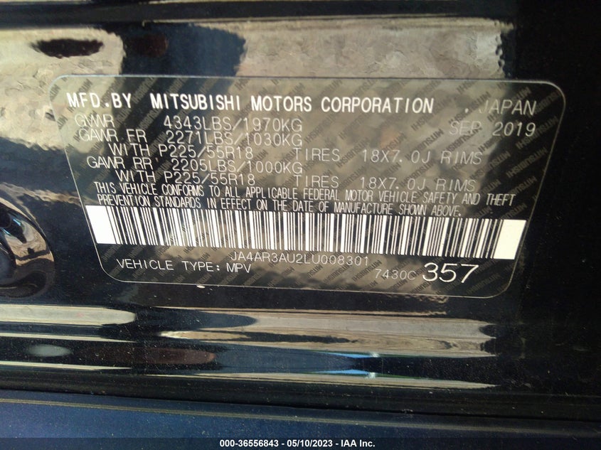 VIN JA4AR3AU2LU008301 2020 MITSUBISHI OUTLANDER SPORT ES 2.0/SE 2.0