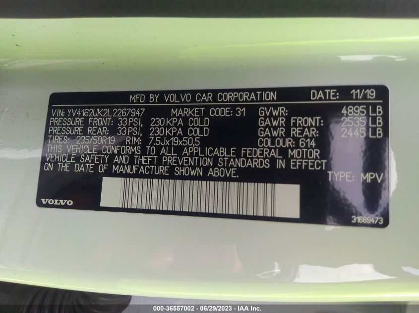 2020 VOLVO XC40 MOMENTUM YV4162UK2L2267947