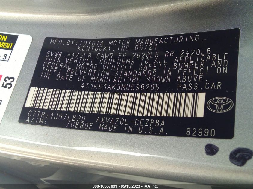 2021 TOYOTA CAMRY XSE - 4T1K61AK3MU598205