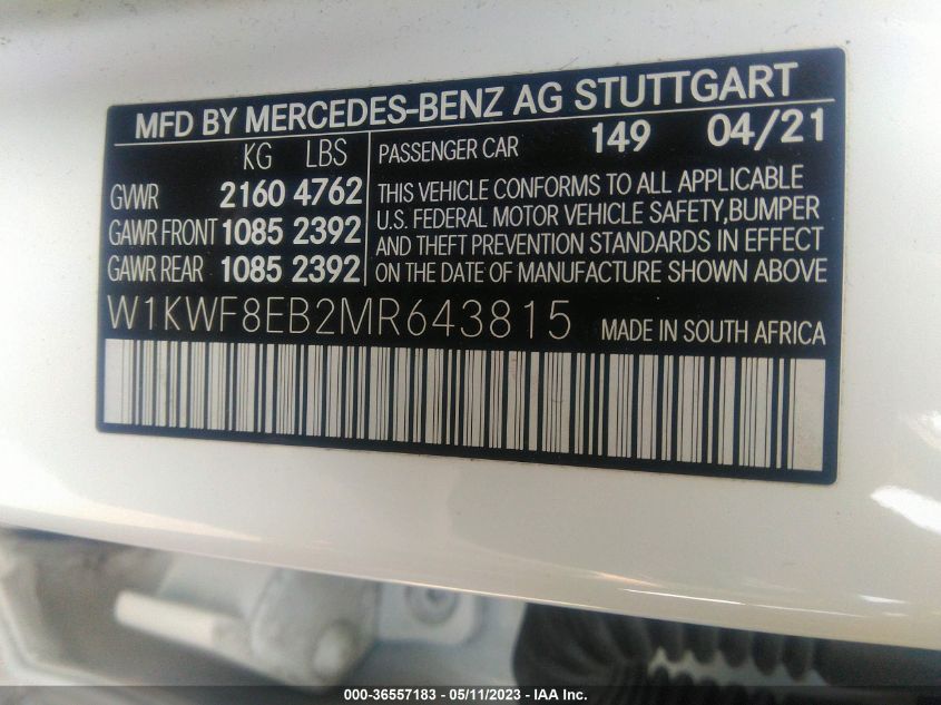 2021 MERCEDES-BENZ C-CLASS C 300 - W1KWF8EB2MR643815