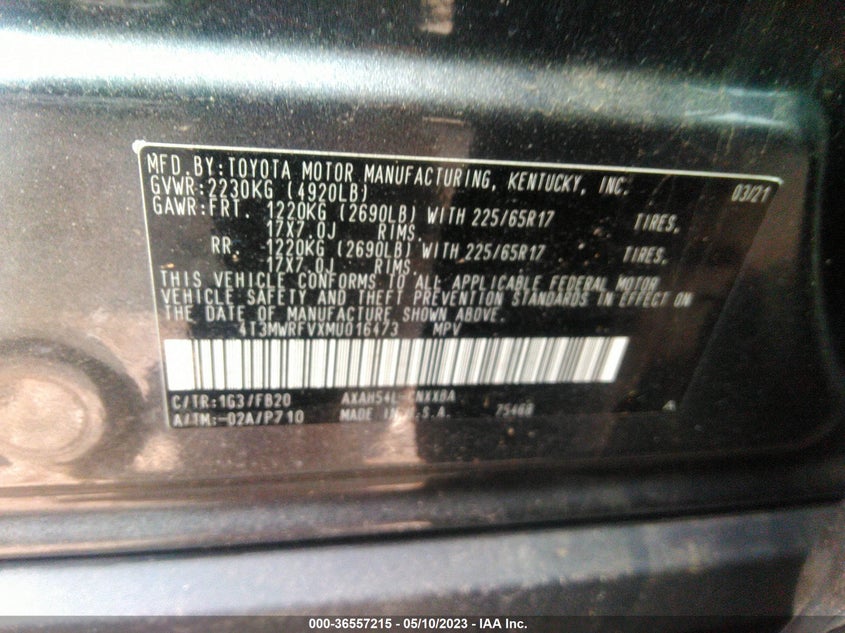 VIN 4T3MWRFVXMU016473 2021 TOYOTA RAV4 HYBRID LE